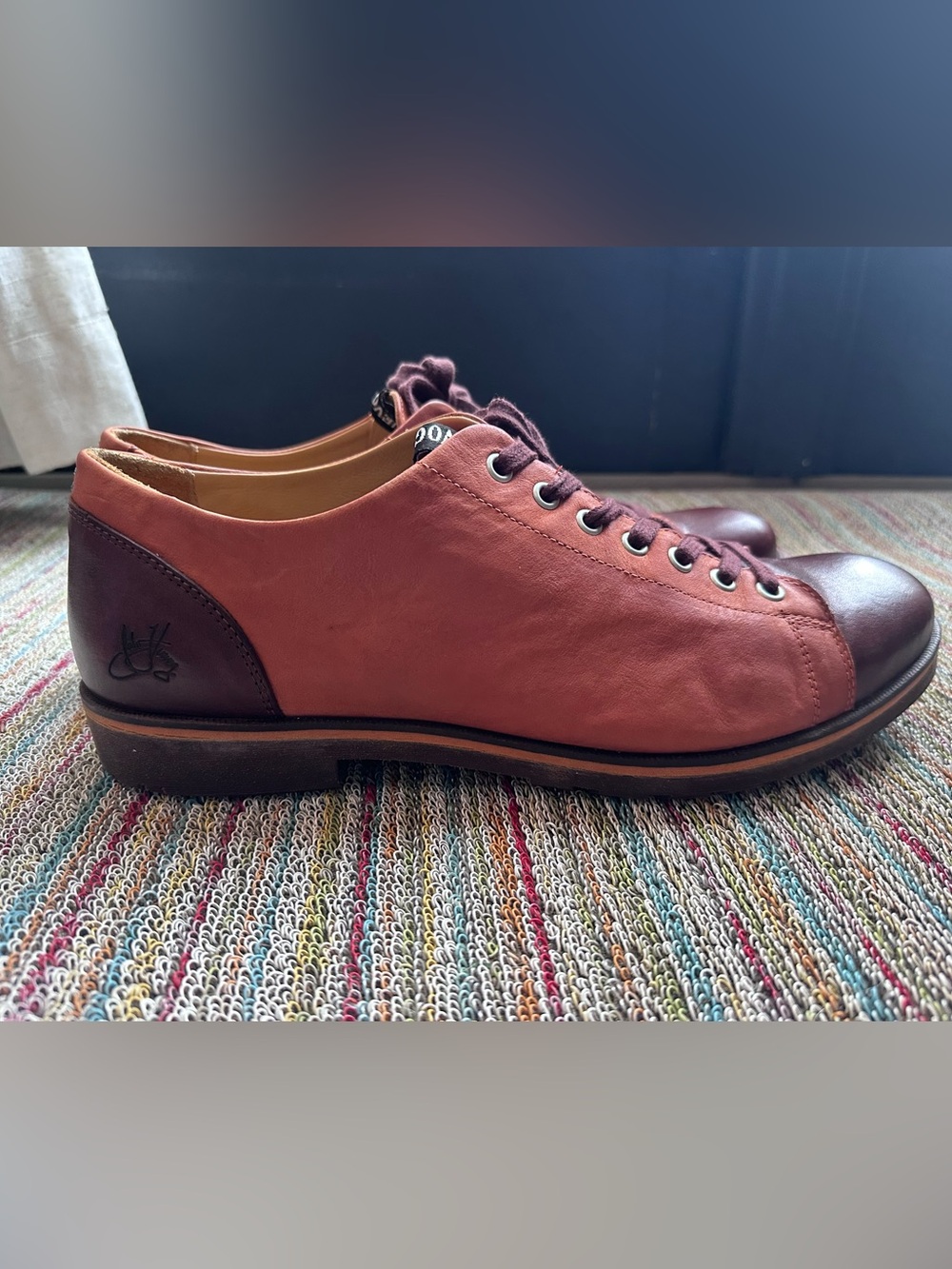 Fluevog EXCELLENT Radio 2 Putra brown/orange retro lace-up derby shoe -M12 - Picture 2 of 16